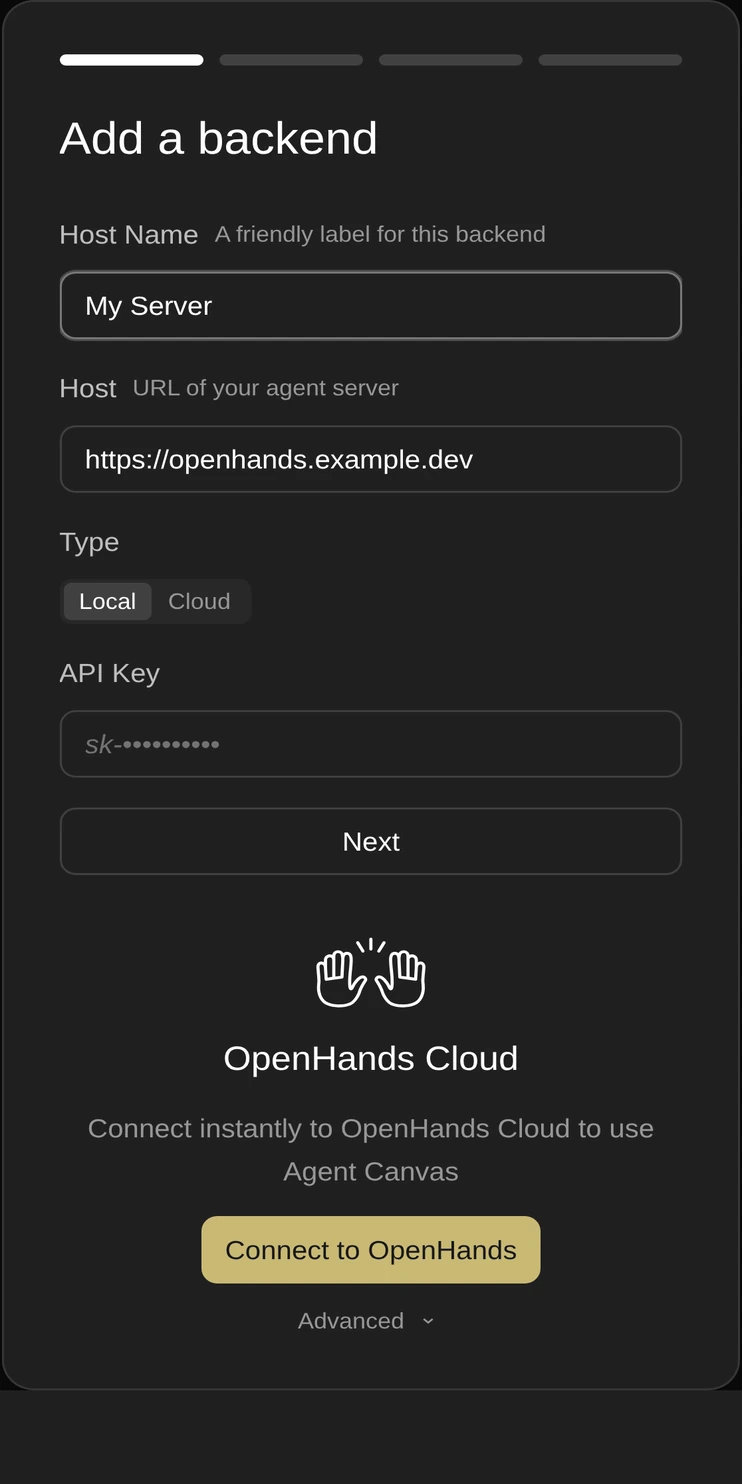 Add a backend screen with fields for a friendly name, the agent server URL, a Local/Cloud type toggle, and an API key. Shown by the server-backed build only.