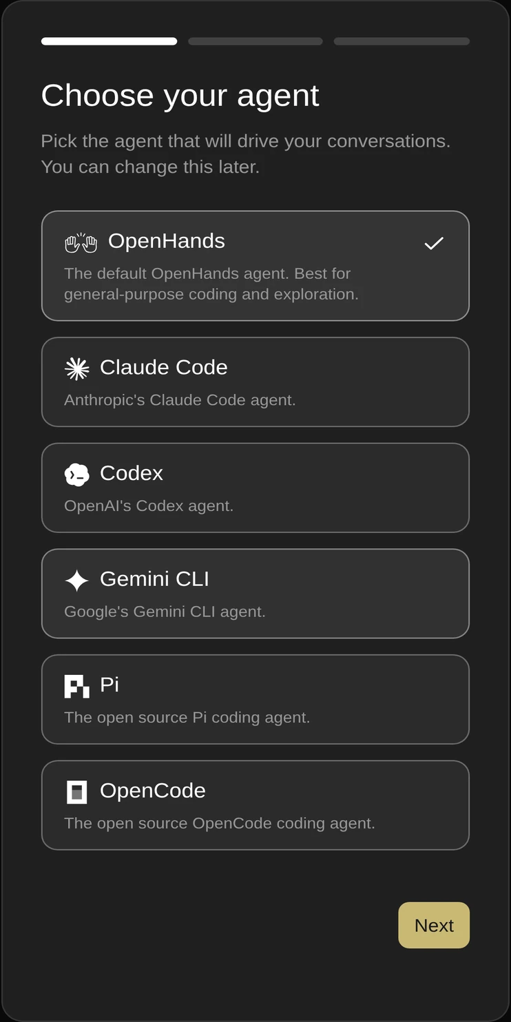 Choose your agent screen listing OpenHands, Claude Code, Codex, Gemini CLI, Pi and OpenCode.