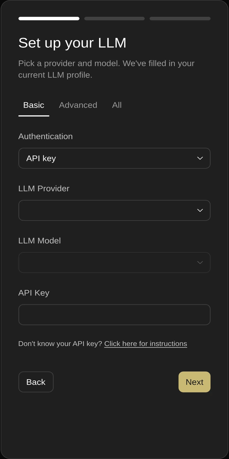 Set up your LLM screen for choosing a model provider and model, with a pre-selected default.