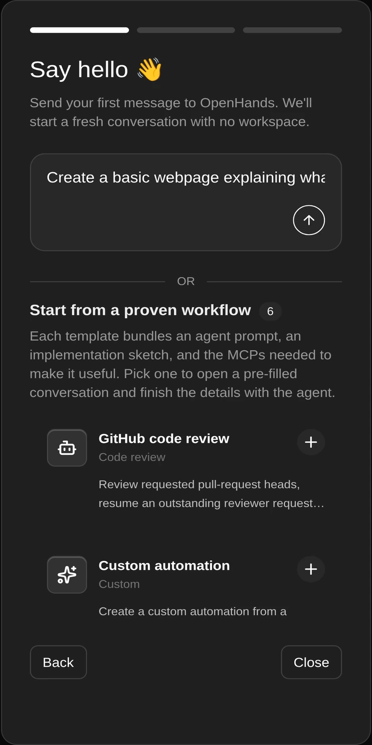 Say hello screen with a first-message box and a list of ready-made workflow templates.